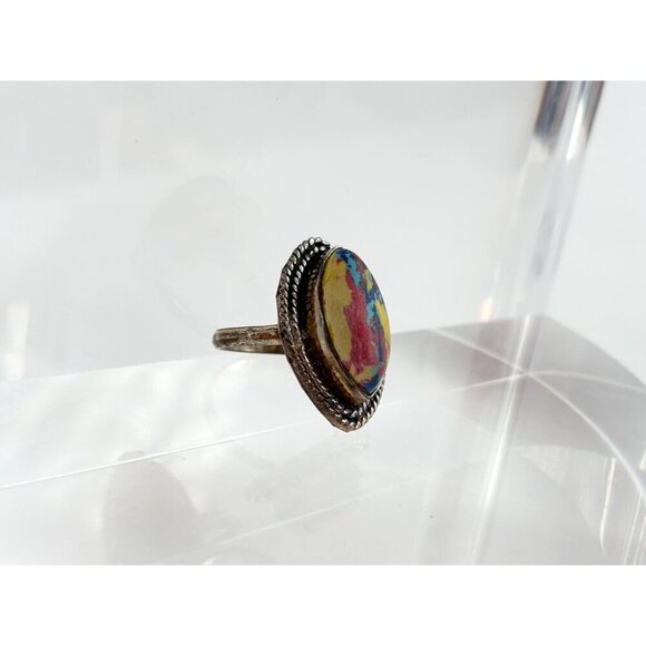 Rainbow Mosaic Jasper Stone Sterling Silver Vintage Southwest Ring - sz 5.75 - Picture 3 of 10